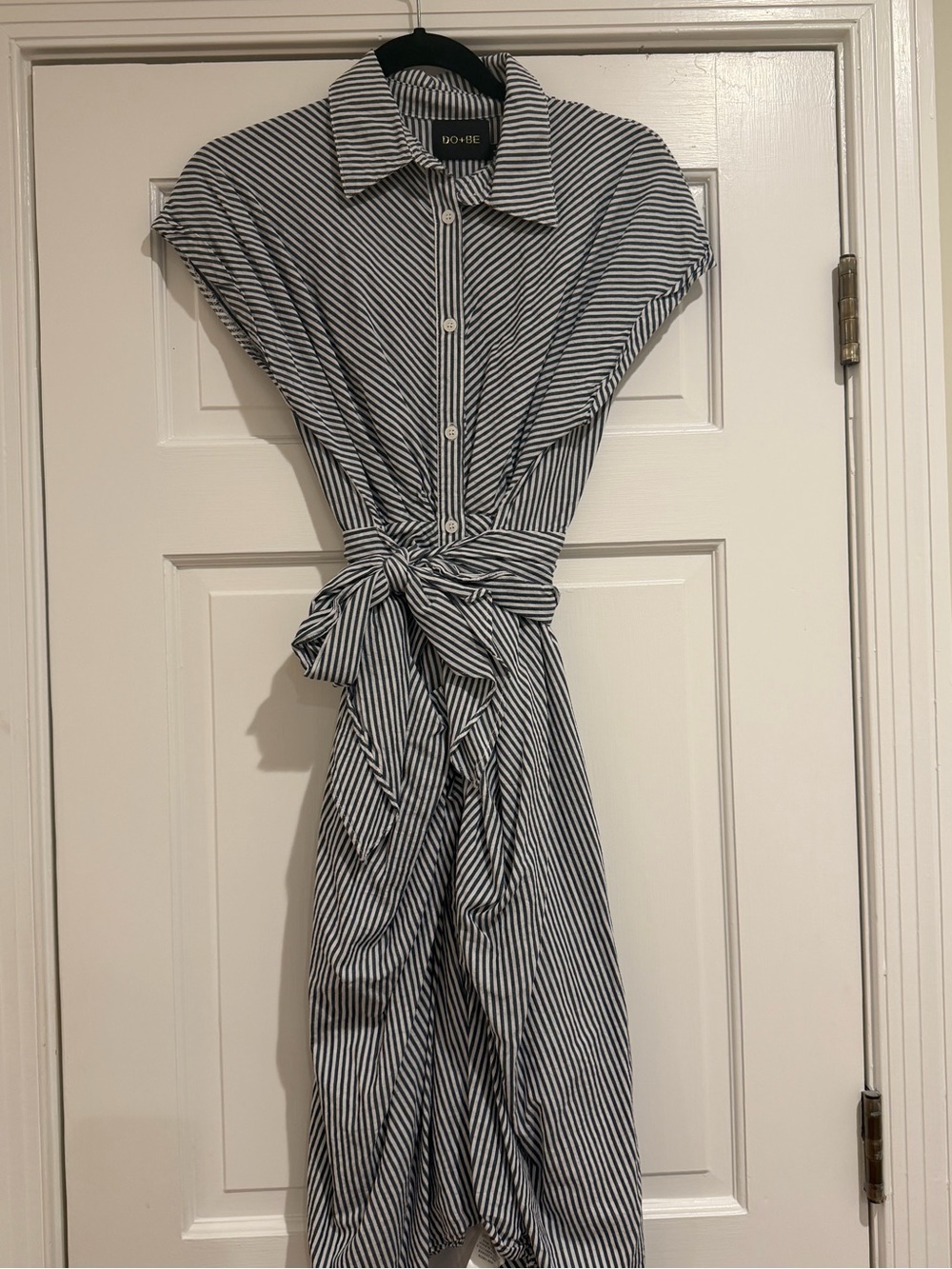 DO+BE Black and White Striped Midi Shirt Dress with Waist Tie